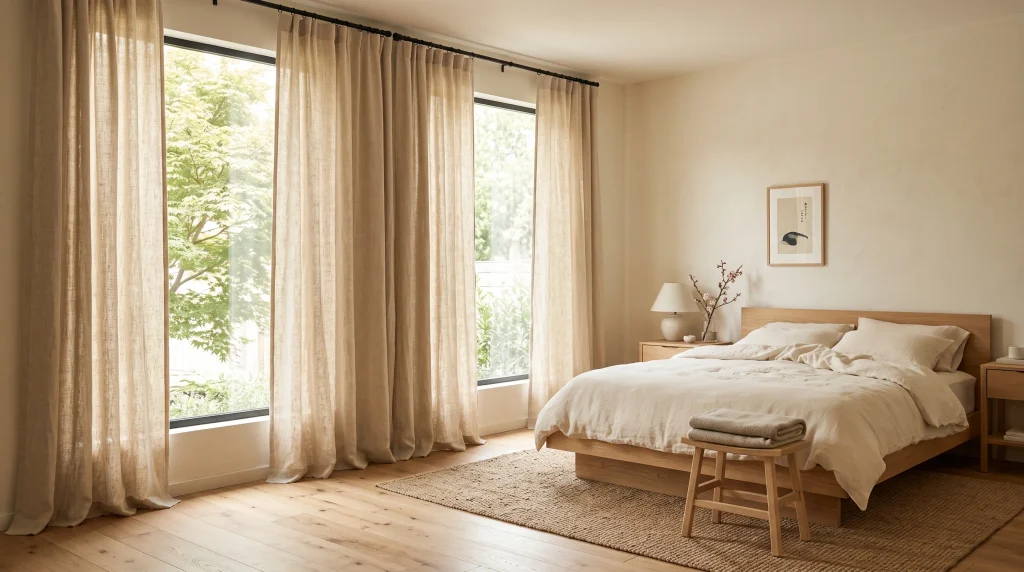 Full-length oatmeal linen curtains framing a large window in a Japandi bedroom