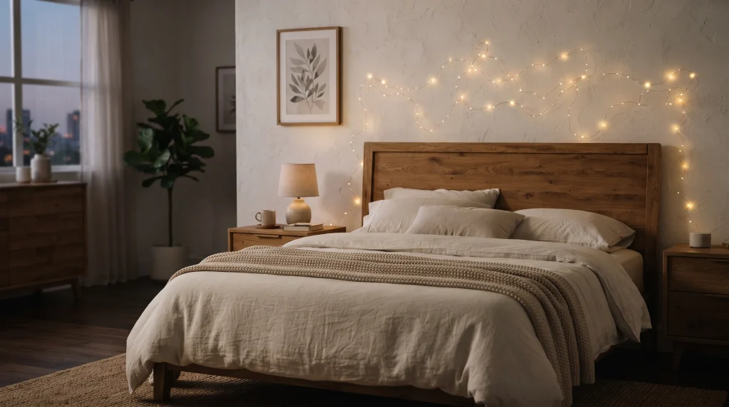 Alt text: Warm white string lights draped along a headboard wall in a bedroom at dusk