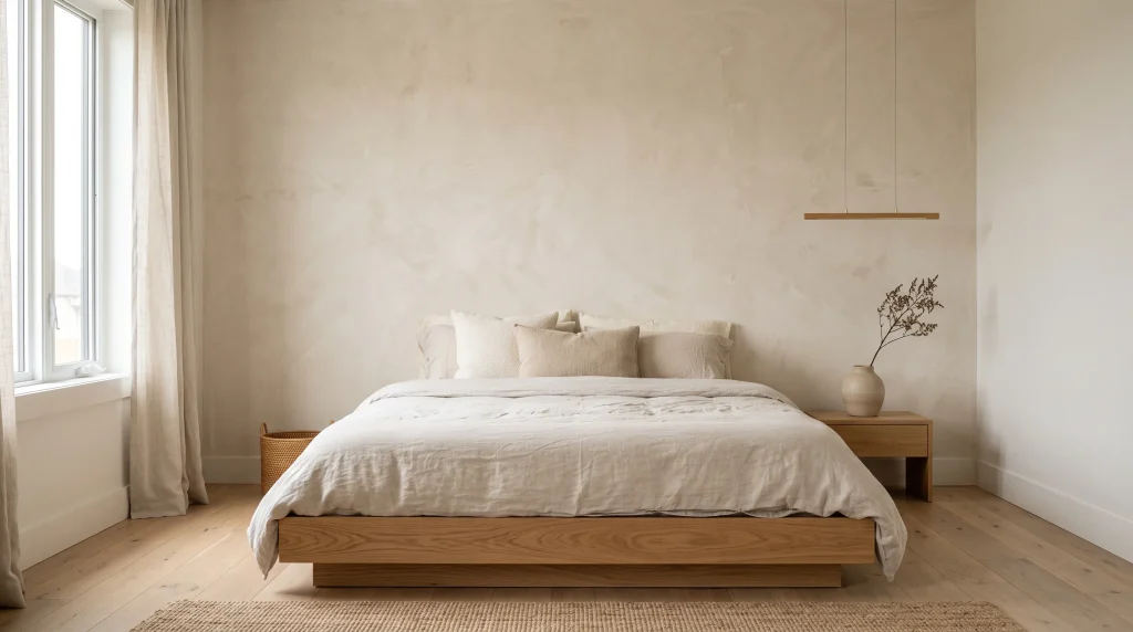 Softly textured warm ivory plaster wall with subtle tonal variation behind a low oak bed