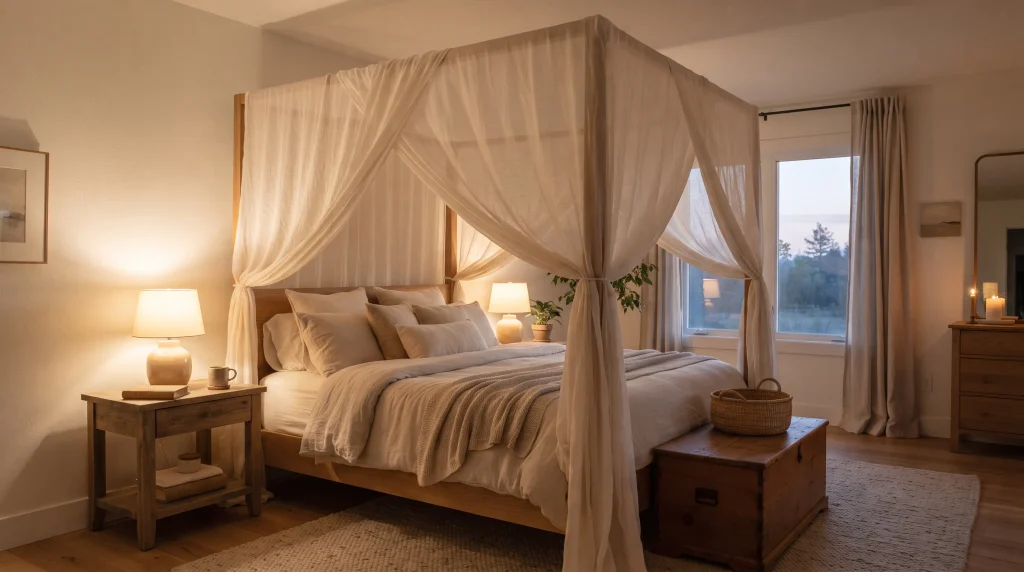 Alt text: Sheer ivory canopy fabric draped over a four-poster bed frame