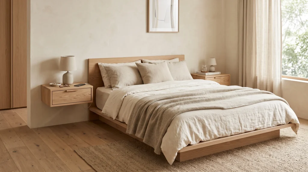 Wall-mounted light-oak floating nightstands beside a low platform bed with visible floor space beneath