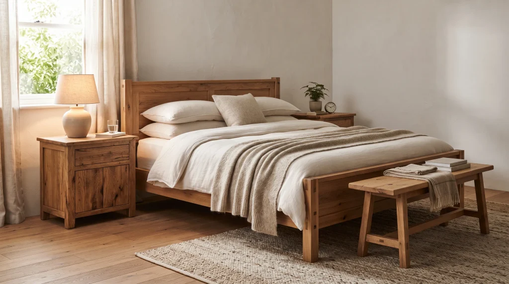 Alt text: Warm oak nightstands and dresser beside a neutral bed with soft bedding