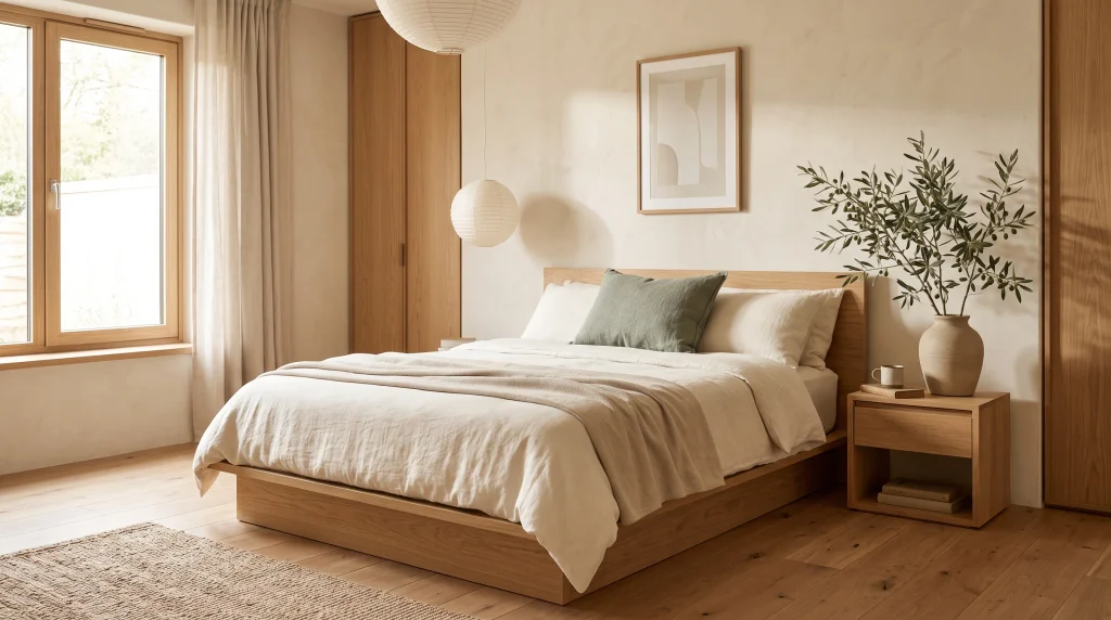 Sage green cushion and olive branch in a ceramic vessel against a beige plaster wall