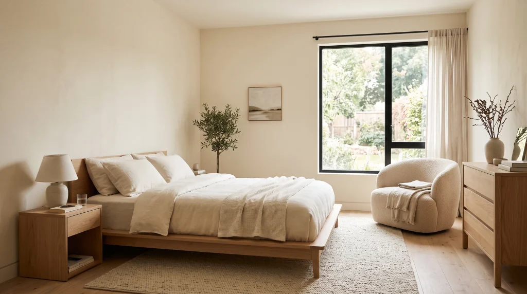 Softly curved oak headboard and rounded boucle accent chair in a warm beige bedroom
