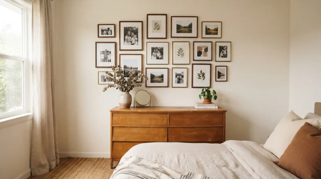 Alt text: Small gallery wall of framed photos and prints above a bedroom dresser