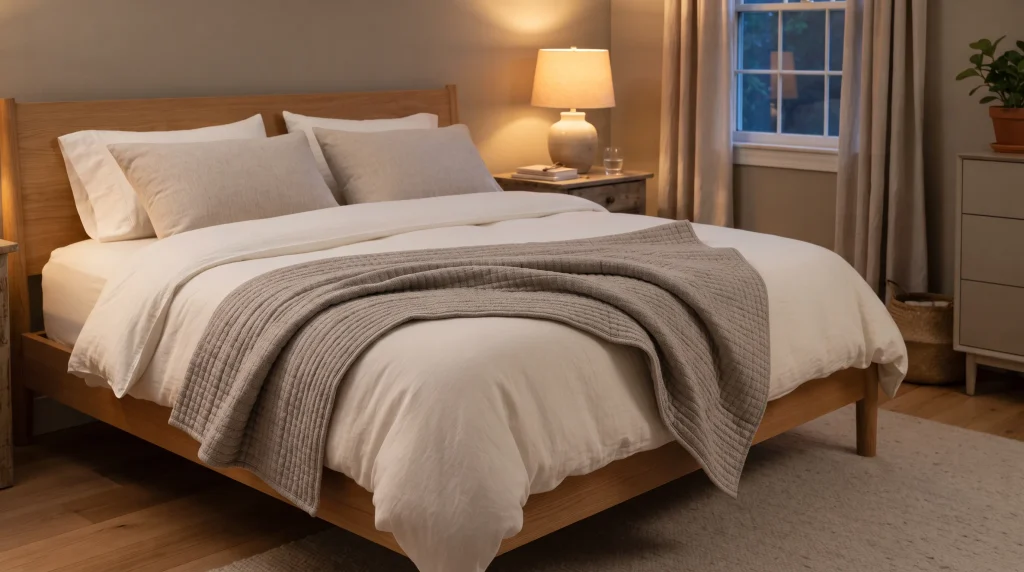 Alt text: Textured gray weighted blanket folded at the foot of a neutral bed