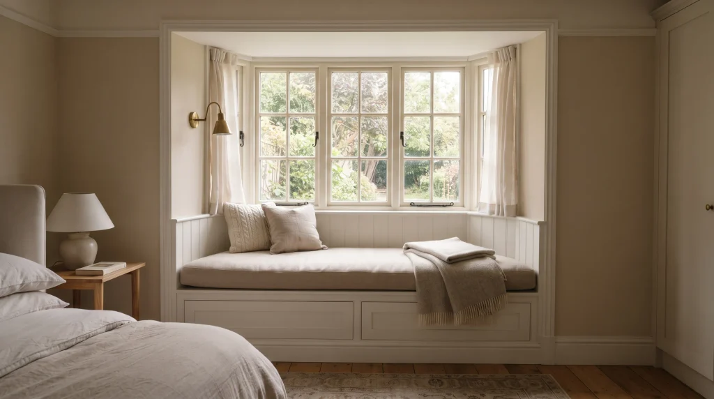 Alt text: Cushioned window seat with soft pillows and a folded throw beneath a bedroom window