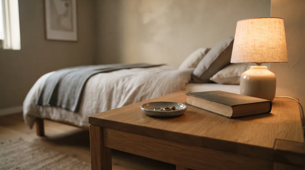 Alt text: Simple nightstand with one lamp and one book, styled with visible empty space