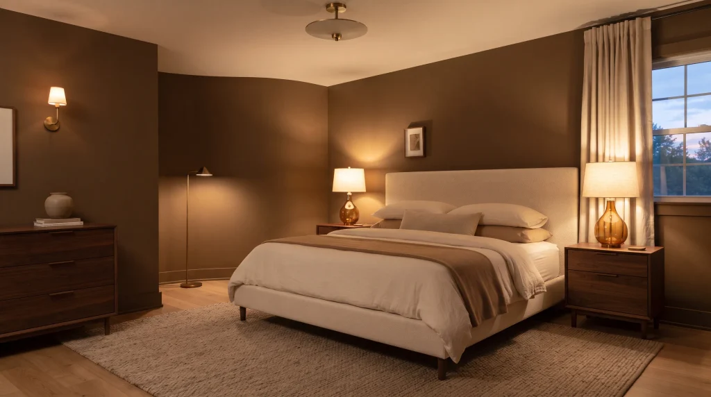 Alt text: Bedroom with amber-glass bedside lamps casting warm 2700K light across brown walls and walnut furniture