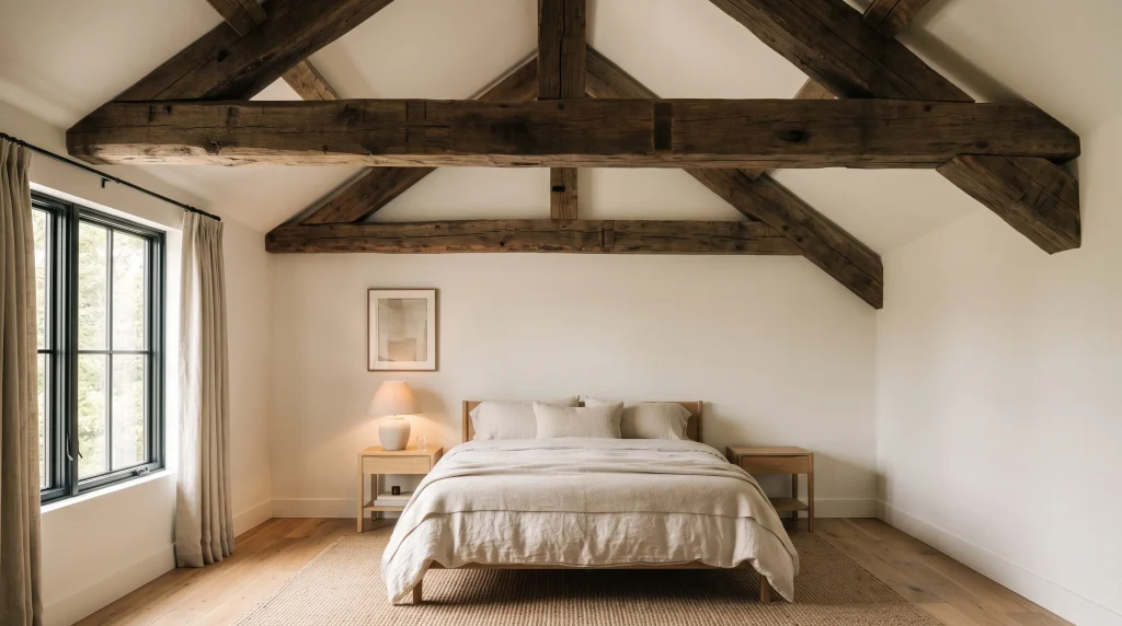 Alt text: Dark wood exposed ceiling beams above a rustic bedroom with warm bedding and wood furniture