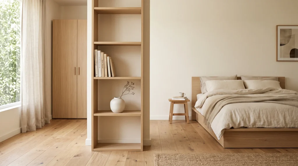 Alt text: Slim light-oak open shelving beside a low platform bed holding ceramics and books