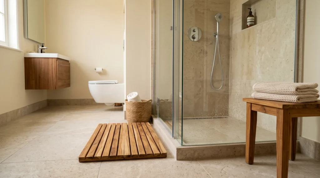 2. Teak or Bamboo Bath Mat