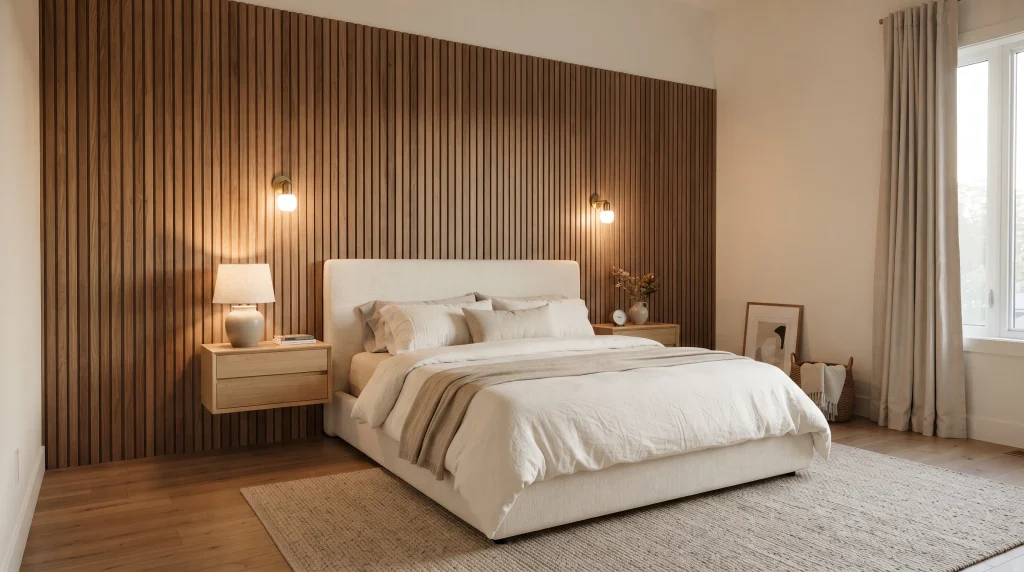 Alt text: Vertical medium-brown wood paneling behind a bed, paired with oak nightstands and ivory bedding
