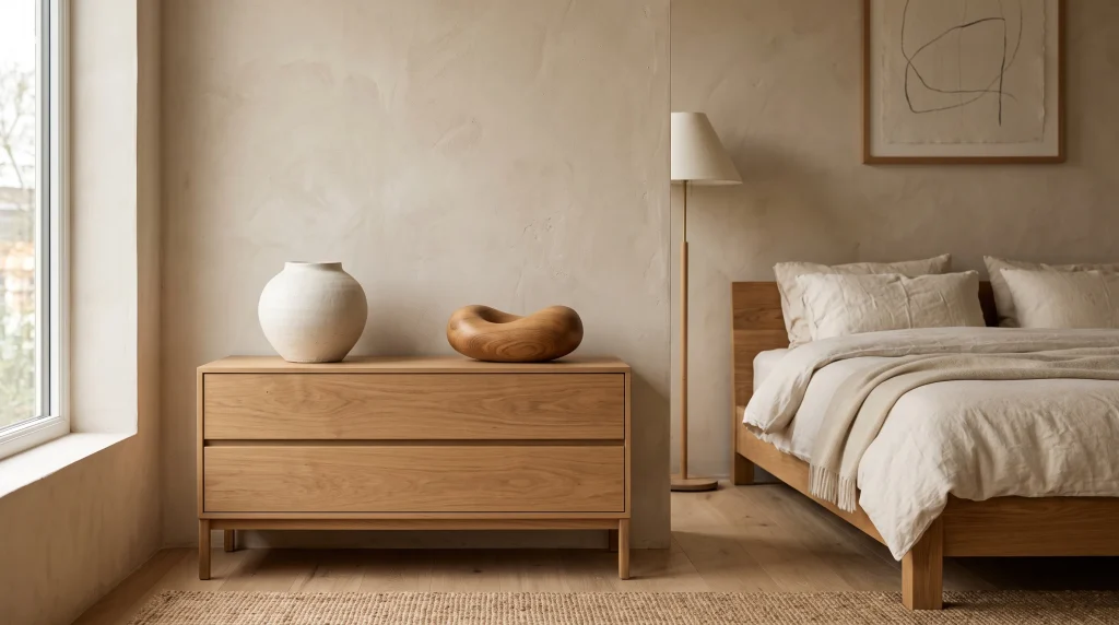 Rounded matte ceramic vase and organic wooden sculpture on a low dresser against a beige plaster wall