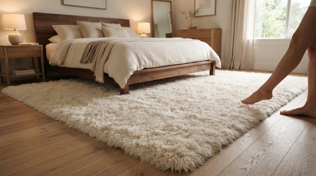 Alt text: Thick cream area rug extending beneath a bed with bare feet visible stepping onto it