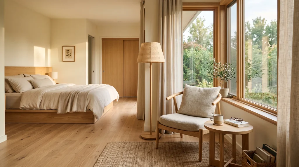 Curved oak lounge chair with oatmeal cushion beside a window, with a small round side table and woven floor lamp