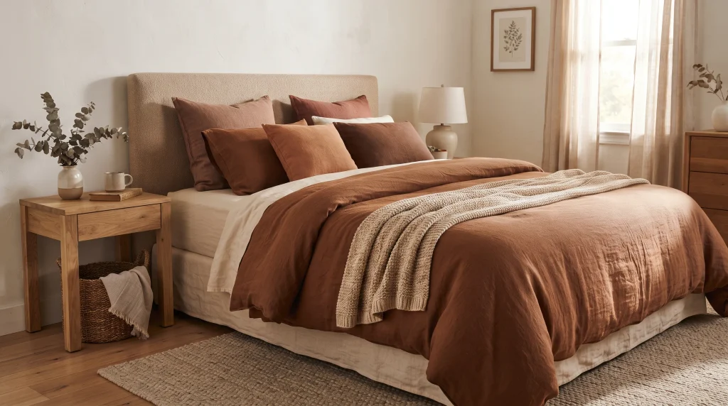 Alt text: Cinnamon-brown duvet layered over warm white sheets with a light oak nightstand and woven basket nearby