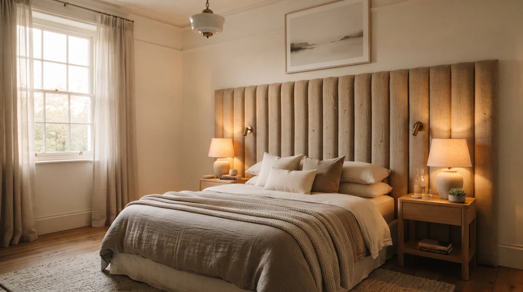 Alt text: Tall channel-tufted upholstered headboard in warm oatmeal fabric behind a neutral bed