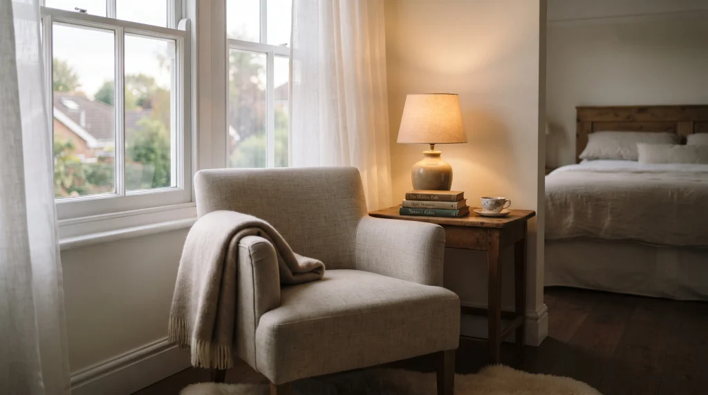 Alt text: Small armchair with a soft throw beside a window, next to a stack of books and a warm lamp
