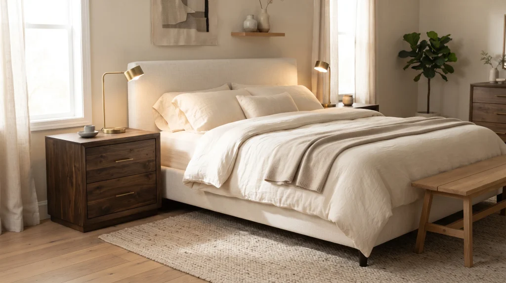 Alt text: Espresso-toned walnut nightstands beside a cream upholstered bed with brass reading lamps