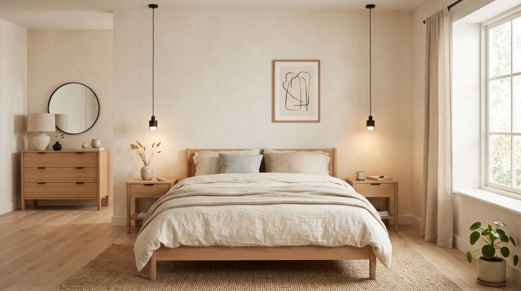 Slim matte-black pendant lights and drawer pulls against a cream and pale oak bedroom