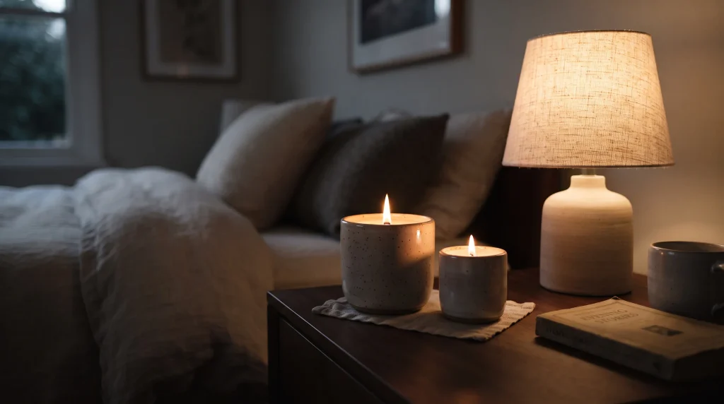 Alt text: Lit candles in ceramic holders on a bedside table beside a warm lamp