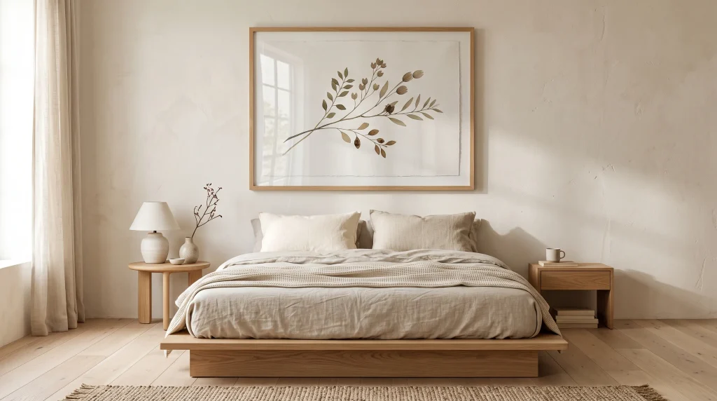 Large minimalist botanical print in a natural oak frame above a low oak bed
