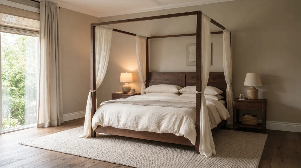Alt text: Dark espresso wood canopy bed frame with cream linen bedding and sheer curtains in a beige-walled bedroom