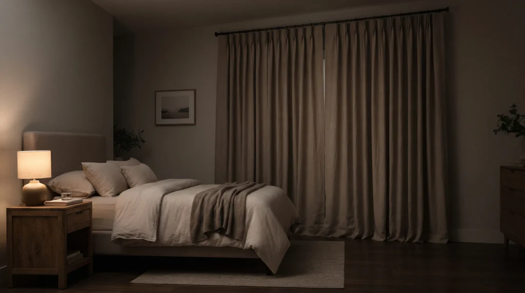 Alt text: Heavy blackout curtains in warm taupe framing a bedroom window