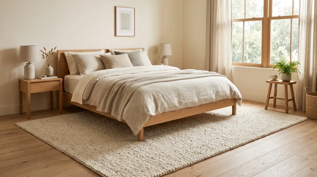 Low-pile ivory wool rug extending beneath a light oak platform bed