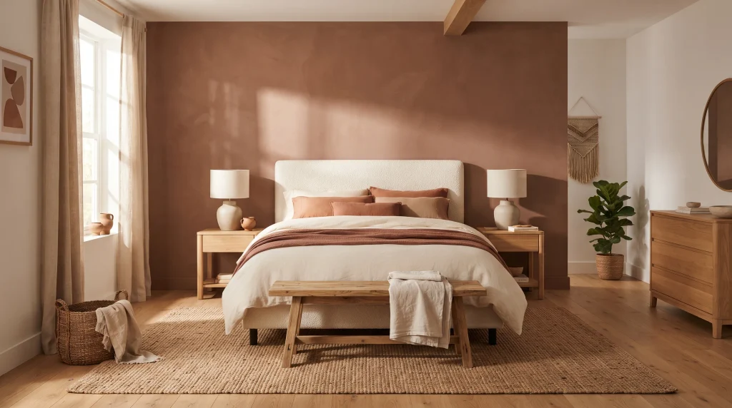 Alt text: Terracotta-brown bedroom walls with clay-toned bedding, oak furniture, and a jute rug in warm natural light