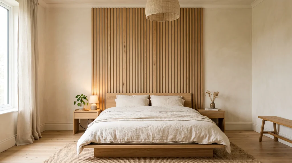 Floor-to-ceiling vertical light-oak slats behind a low platform bed