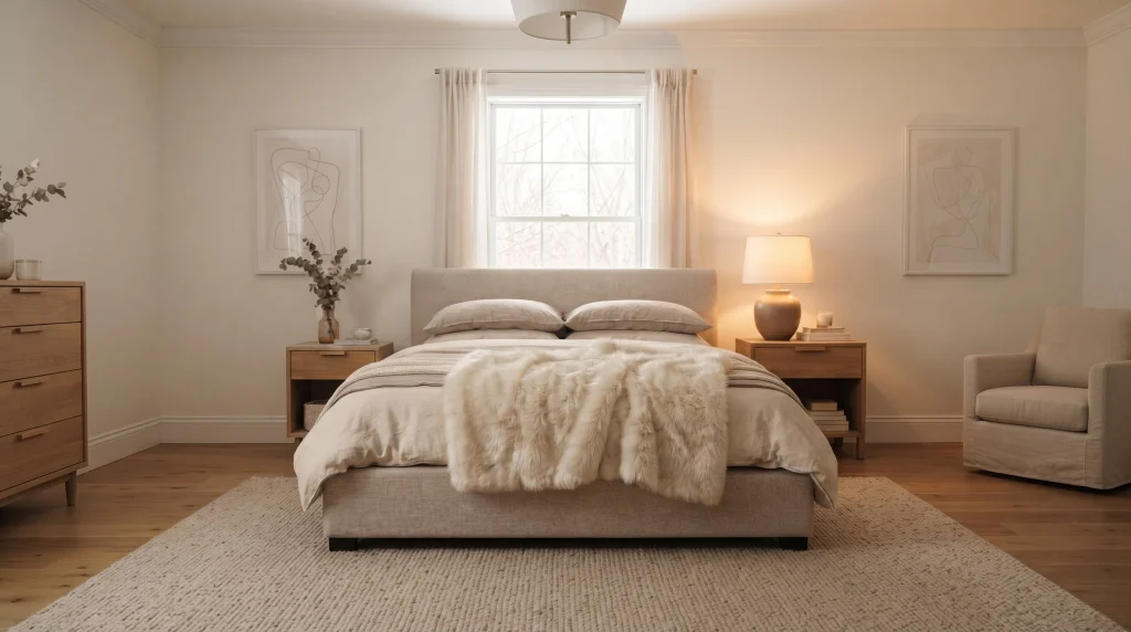 Alt text: Cream faux fur throw draped over the foot of a neutral bed