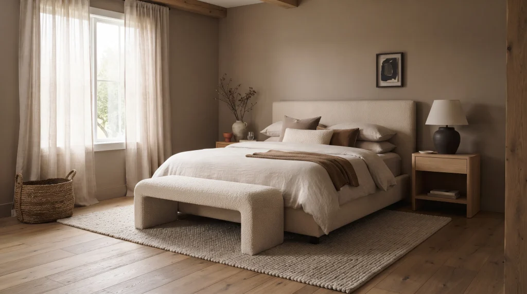 Alt text: Soft taupe-brown bedroom walls layered with oatmeal bedding, mushroom pillows, and a boucle bench
