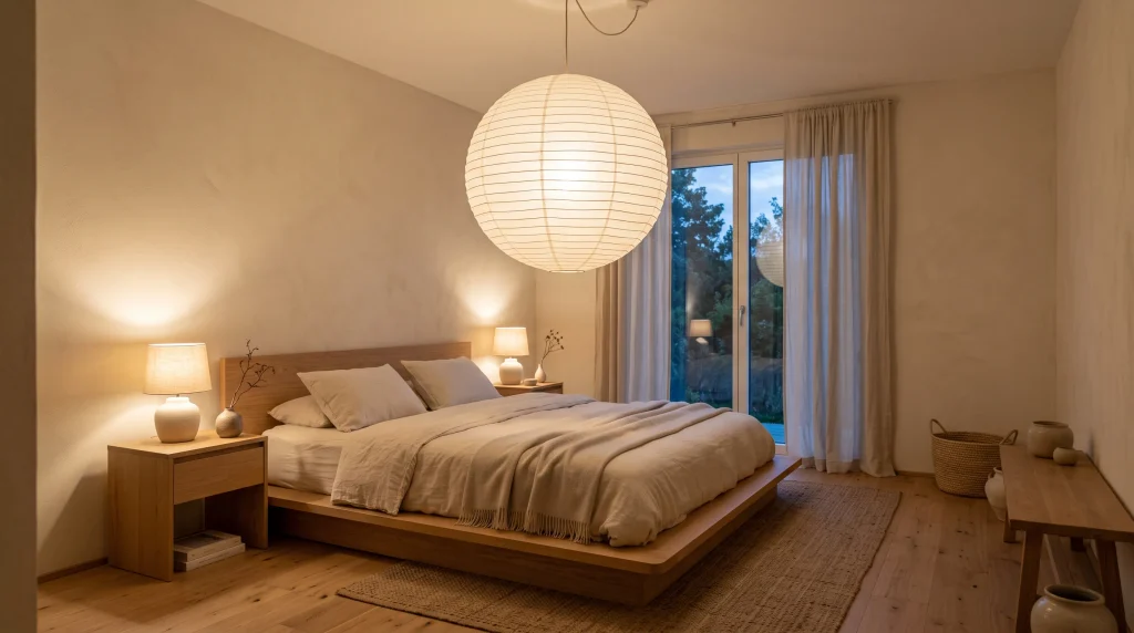 Large round white paper lantern pendant hanging above a low oak bed, casting soft warm light
