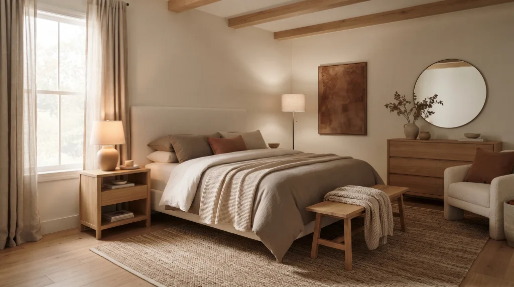 Alt text: Layered ivory, beige, and terracotta tones throughout a cozy bedroom