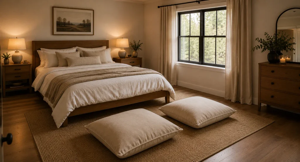 Alt text: Large floor cushions in warm neutral fabric arranged beside a bed