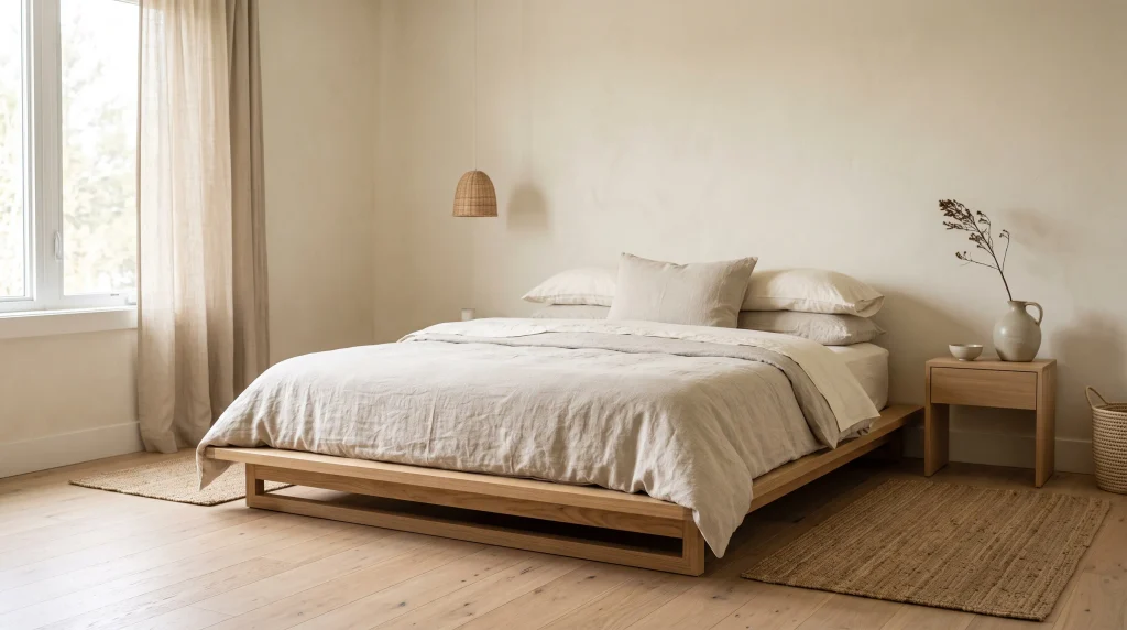 Low light-oak platform bed centered against a warm ivory wall with cream linen bedding
