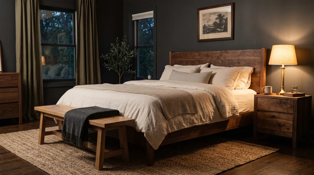 Image alt text: Walnut bed and nightstands against charcoal walls with cream linen bedding