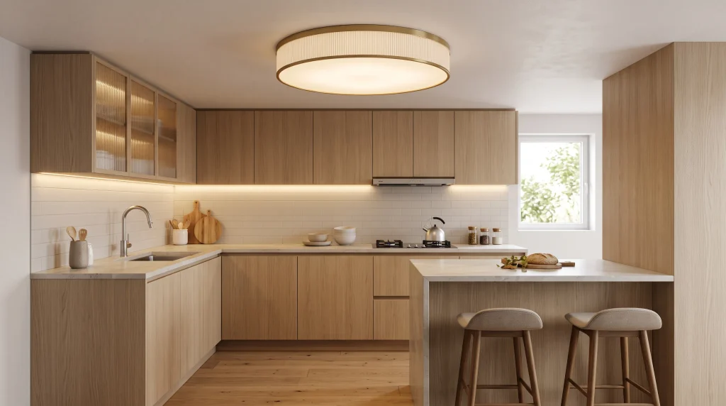Image alt text: flush-mount ceiling light in a small modern kitchen