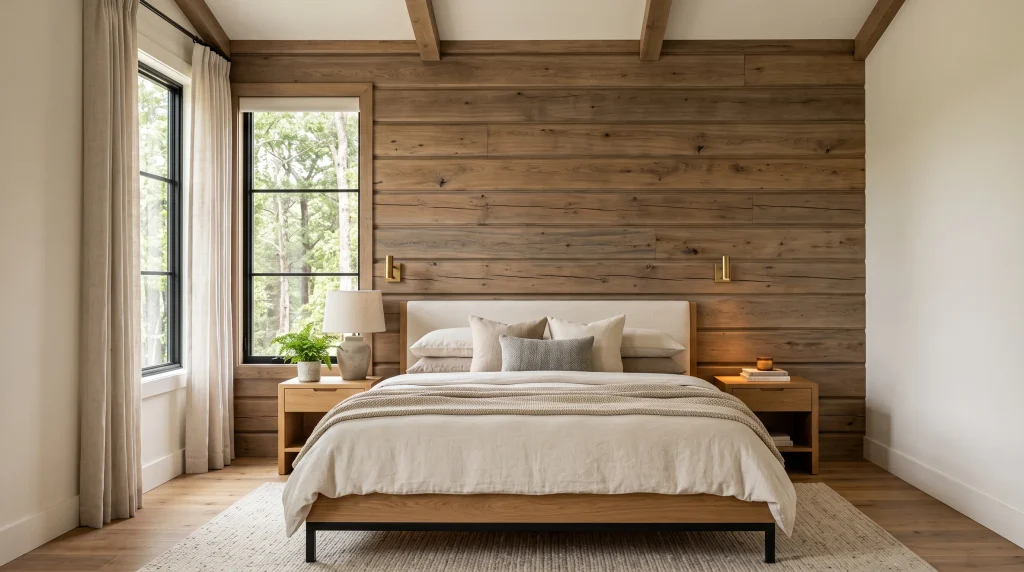 Alt text: Horizontal log-style wood paneling covering one wall of a rustic bedroom