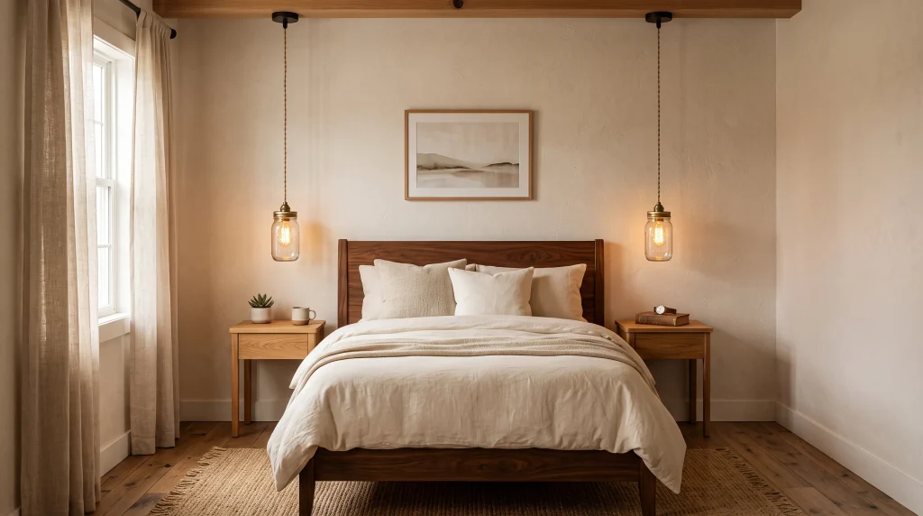 Alt text: Mason jar pendant lights with edison bulbs hanging above rustic wood nightstands