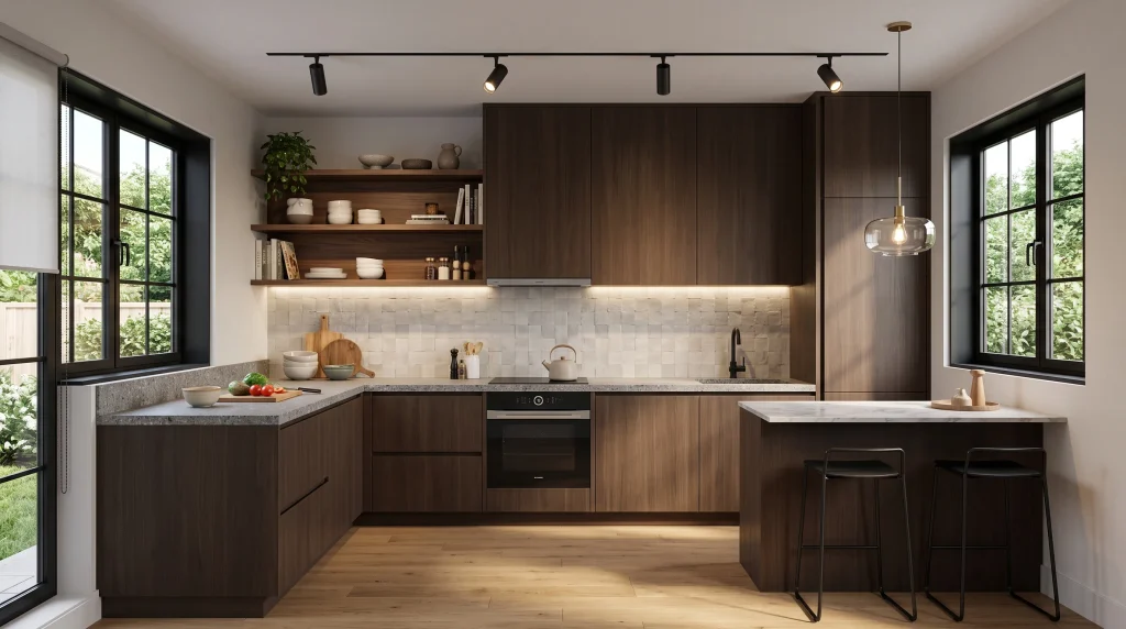 Image alt text: black track lighting system in a modern kitchen