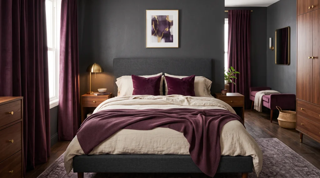 Image alt text: Deep plum velvet cushions and throw on a charcoal upholstered bed