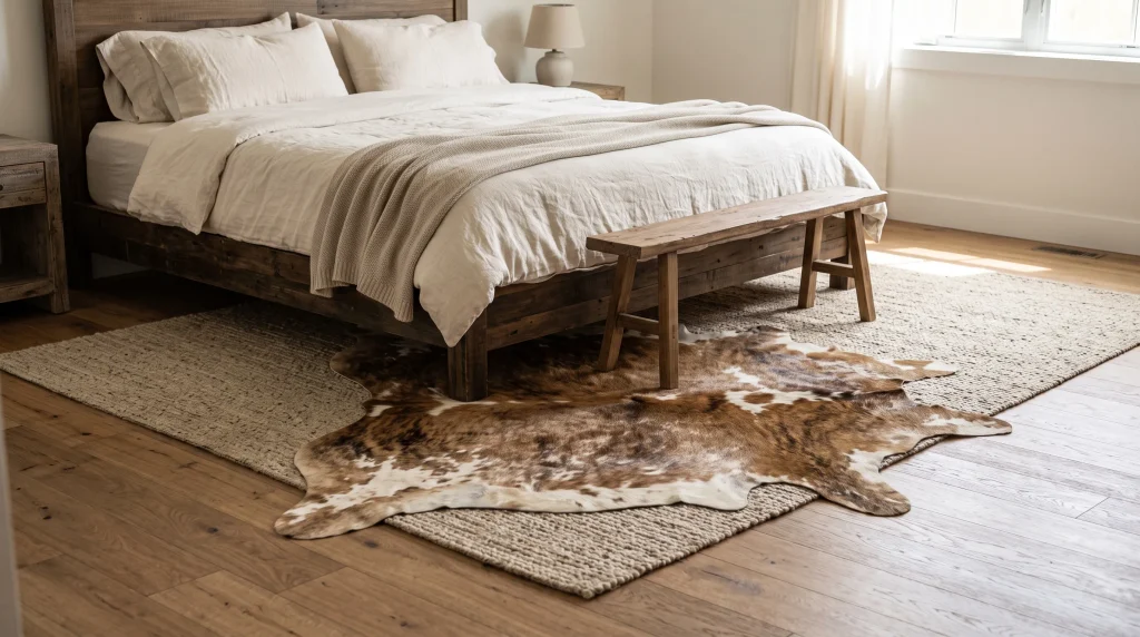 Alt text: Natural brown and white cowhide rug layered over a wood floor beside a rustic bed