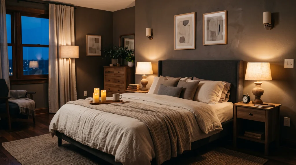 Image alt text: Warm bedside lamps with fabric shades glowing in a dark taupe bedroom