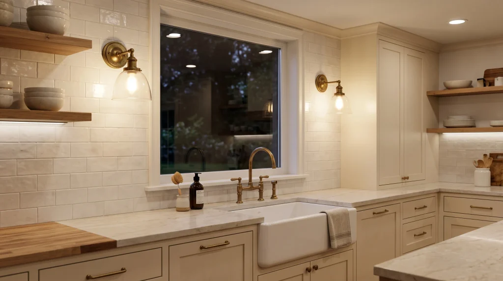 Image alt text: brass wall sconces beside a kitchen window above a farmhouse sink