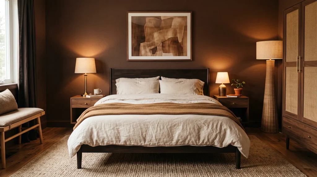 Image alt text: Chocolate brown bedroom walls with espresso bed, caramel throw, and brass lamps