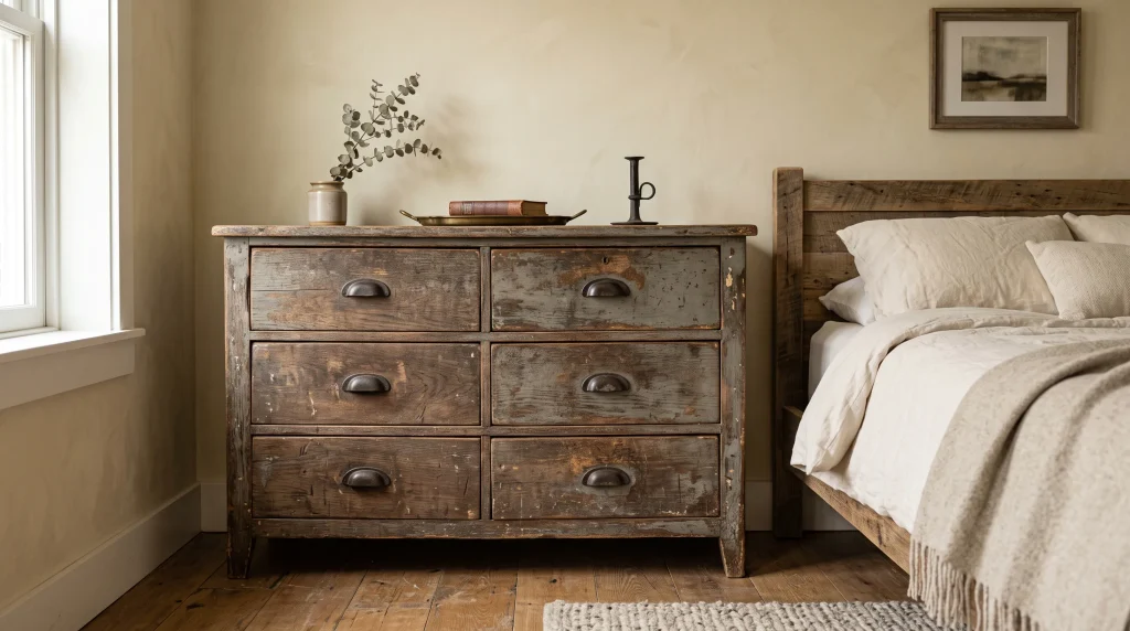 Alt text: Distressed painted wood dresser with visible wear and iron hardware in a rustic bedroom