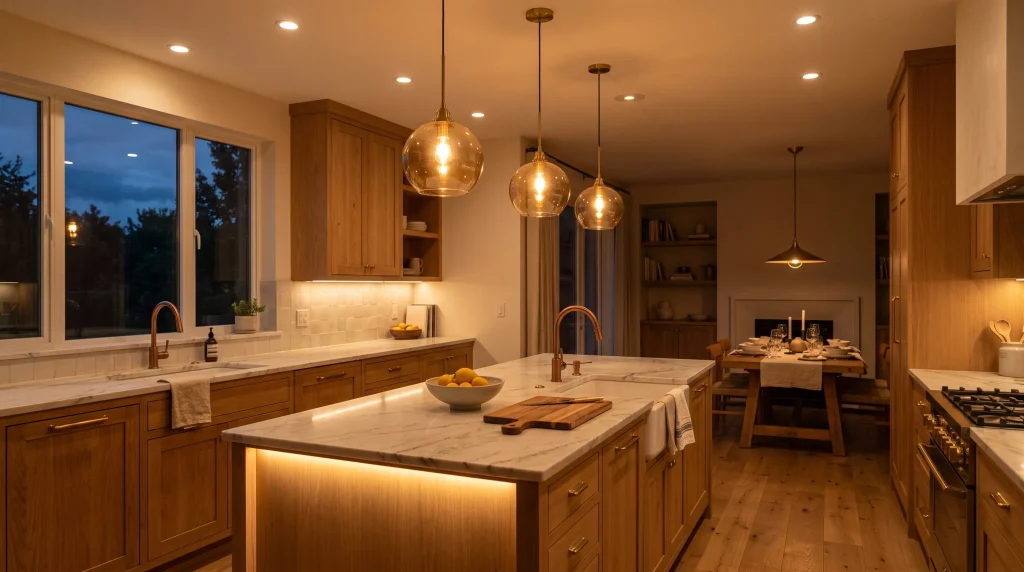 Image alt text: warm ambient kitchen lighting glowing over a wood and stone kitchen